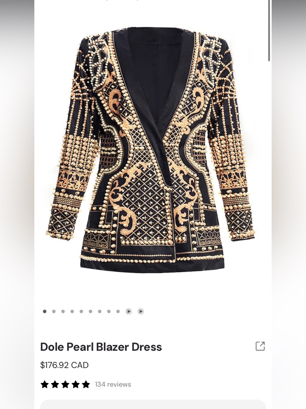 Embellished Black Deep-V Blazer Dress with Gold Accents
